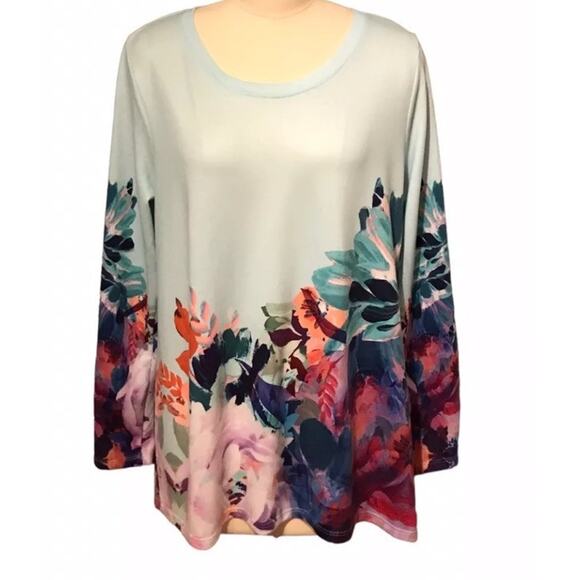 Soft Surroundings Floral Tunic Top Pasaia Aqua Stretch Long Sleeve Women’s Sz 1X - Picture 5 of 11